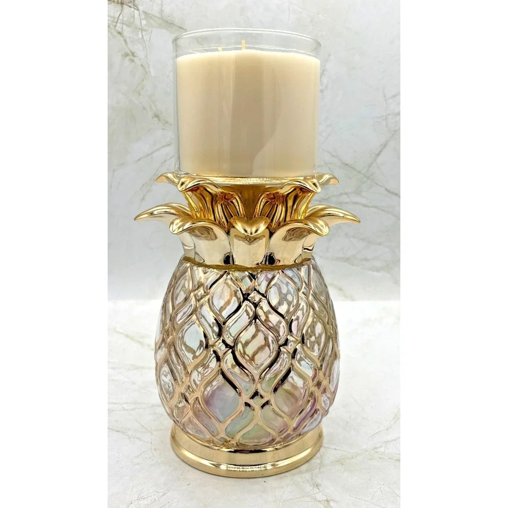 Bath & Body Works Glass Pineapple 3-Wick‎ Candle Holder Pedestal Gold Iridescent